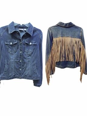 CHICO'S PLATINUM COLLECTION DENIM SUEDE JACKET WITH FRINGE Western Boho Size 8